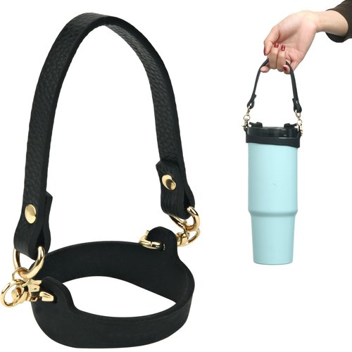 Wongeto Water Bottle Handle Strap，Genuine Leather Carrier Strap ，Fits Most 8-40oz Bottles Compatible with Stanley Cup Accessories (Black)