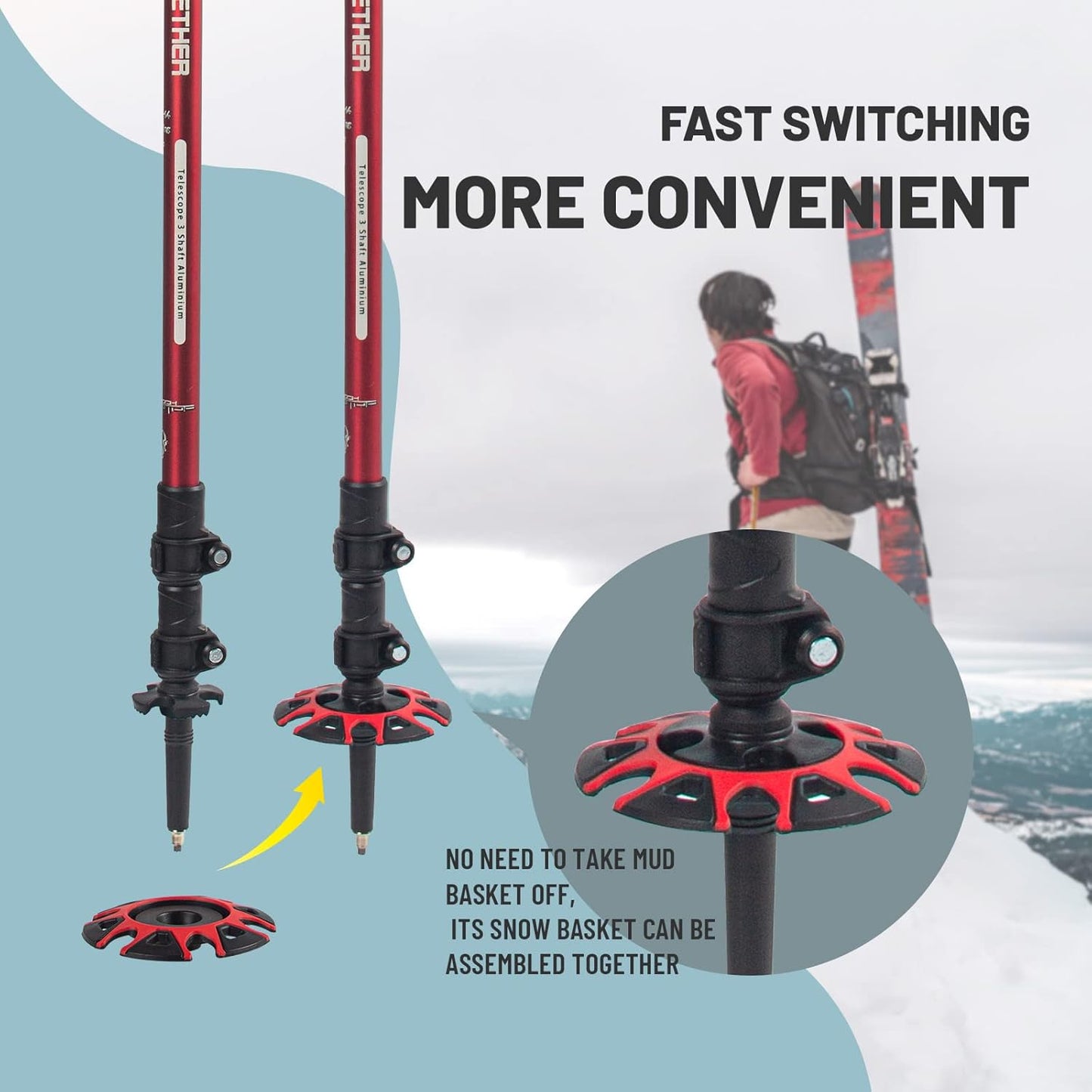 Aluminum Trekking Poles - Quick Adjustable Locks, Comfort Handle, Padded Strap, Snow Baskets - Walking Sticks Suitable for Hiking, Walking