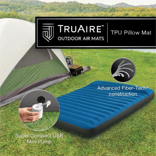 Intex 60412E TruAire Luxury Camping Mattress: Fiber-Tech – Puncture-Resistant Laminate – QuickFill USB Air Pump – 600lb Weight Capacity – Full Size, Blue