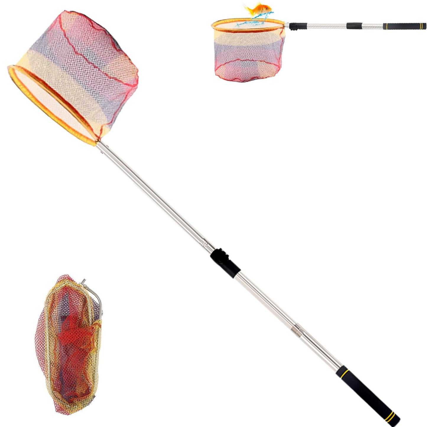 Greeily Fishing Landing Net, 44" to 64" Fishing Net Long Handle for Fishing with Telescopic Extension Pole for Kids Men Women Folding Sturdy Stainless Steel Tubes Comfortable Sponge Handle