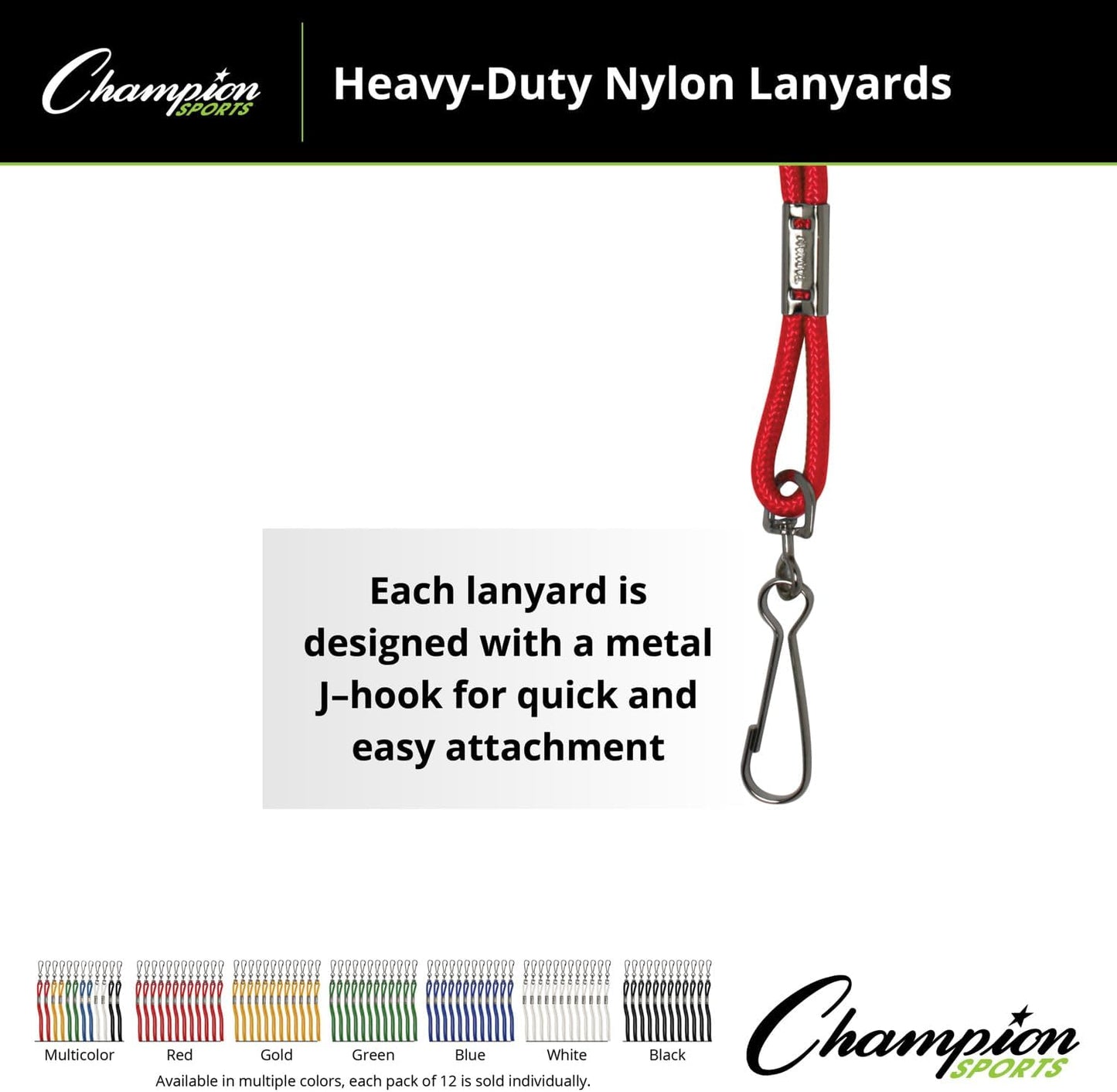 Champion Sports Nylon Lanyards with J-Hook Clip, Gold - 12 Pack (Poly Bag)