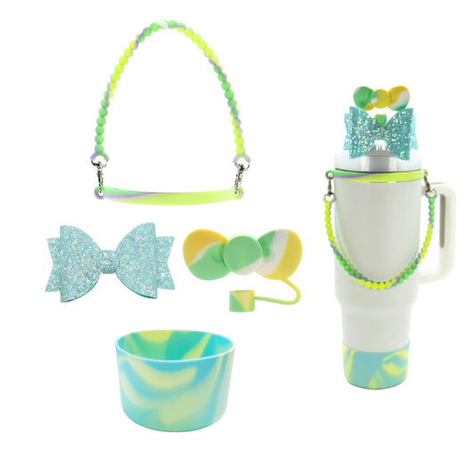 4pcs Stanley Cup Accessories Set, Silicone Bow Straw Cover 10mm for 30&40 oz tumbler with Boot & Water Bottle Handle Strap, Bling Stanley Charms (Green Gradient)