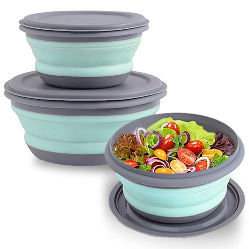 Huntoshon Collapsible Bowls, 3pcs Food Grade Silicone Camping Bowl Salad Bowl with lids, Portable Expandable Lunch Box Food Storage Container for Camping Travel and Picnic,Blue