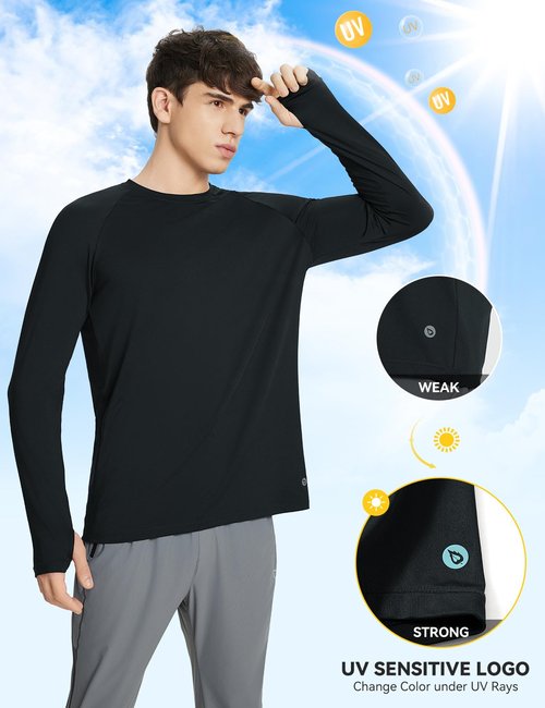 baleaf Men's Long Sleeve Running Shirts Sun Protection UV UPF 50+ T Shirts Workout Athletic Gym Quick Dry Zip Pocket Black XL