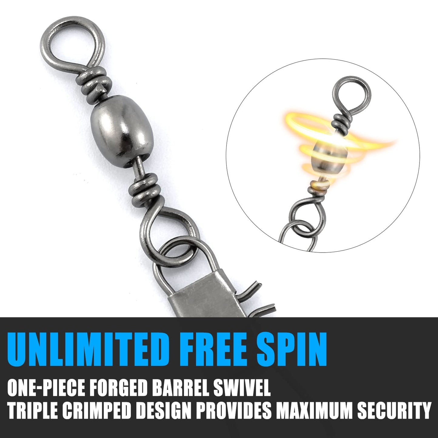 Dr.Fish 50 Pack Fishing Snap Swivels, Barrel Swivels Fishing Tackles, Stainless Steel Safty Interlock Snaps Leader Line Lure Connector Fresh&Saltwater #2/0