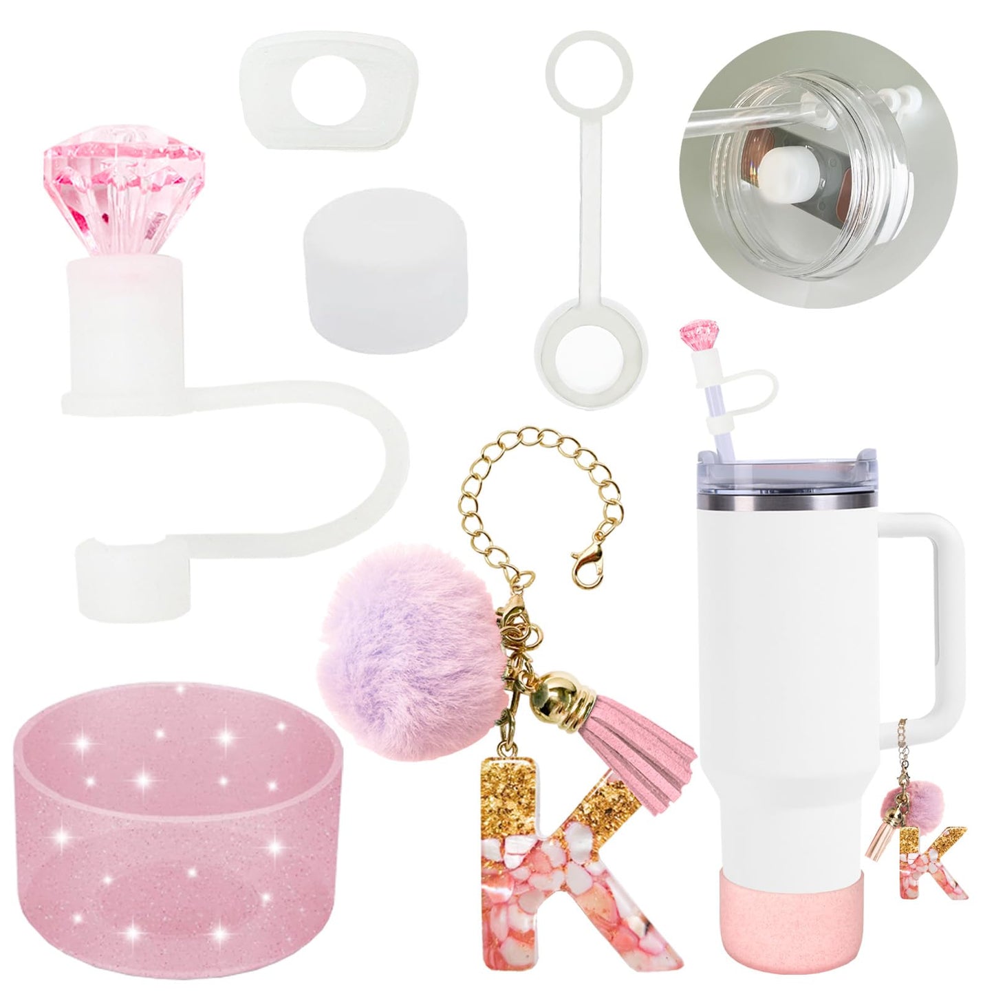 6-Pcs Stanley Cup Accessories Set,10mm Straw Topper, Letter Charms,Diamond Straw Covers,Bling Silicone Boot, Spill-Proof Compatible Stanley Cup Accessories(Pink K)