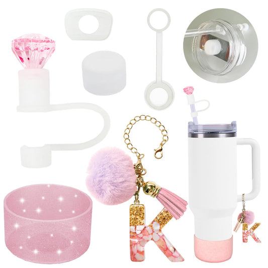 6-Pcs Stanley Cup Accessories Set,10mm Straw Topper, Letter Charms,Diamond Straw Covers,Bling Silicone Boot, Spill-Proof Compatible Stanley Cup Accessories(Pink K)