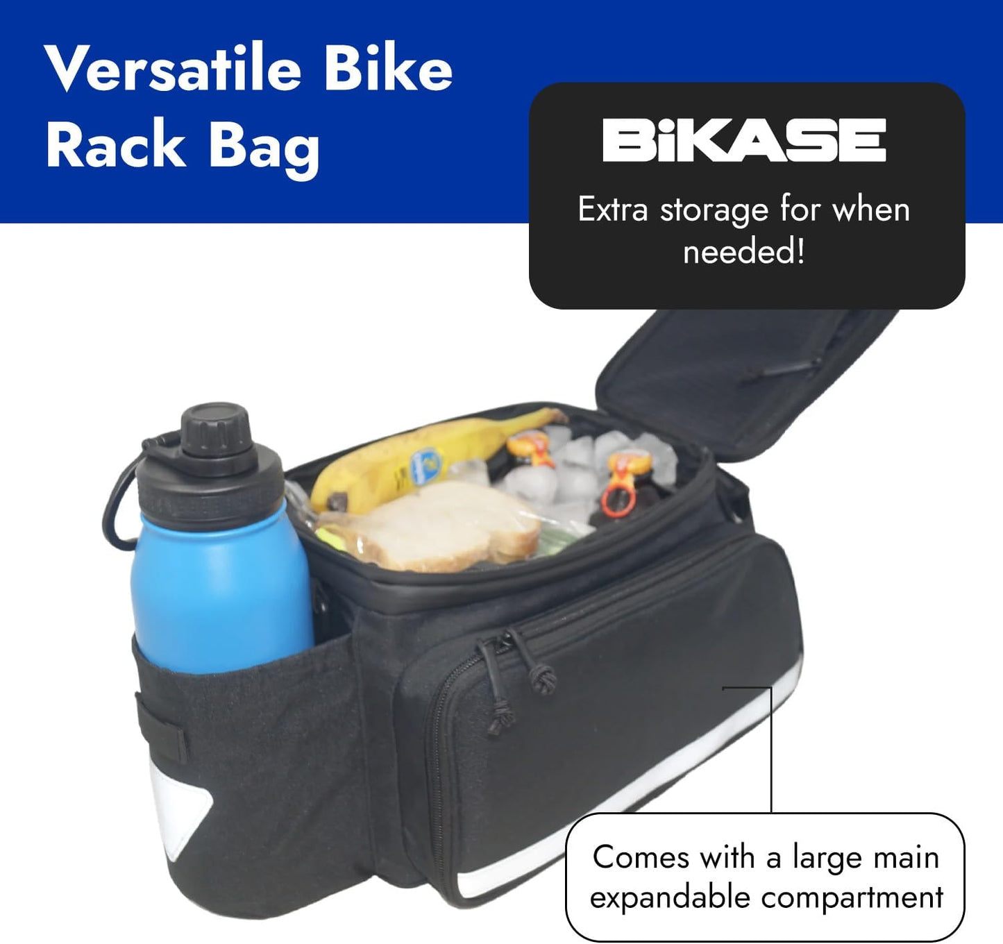 BiKase Big Momma Bike Trunk Bag - Universal Fit Medium Rear Rack Bag with Side Pockets, Top Bungee, Mesh Pocket, Key Holder & Reflective Accents - Spacious Bicycle Rack Bag for Ebikes & Bicycles
