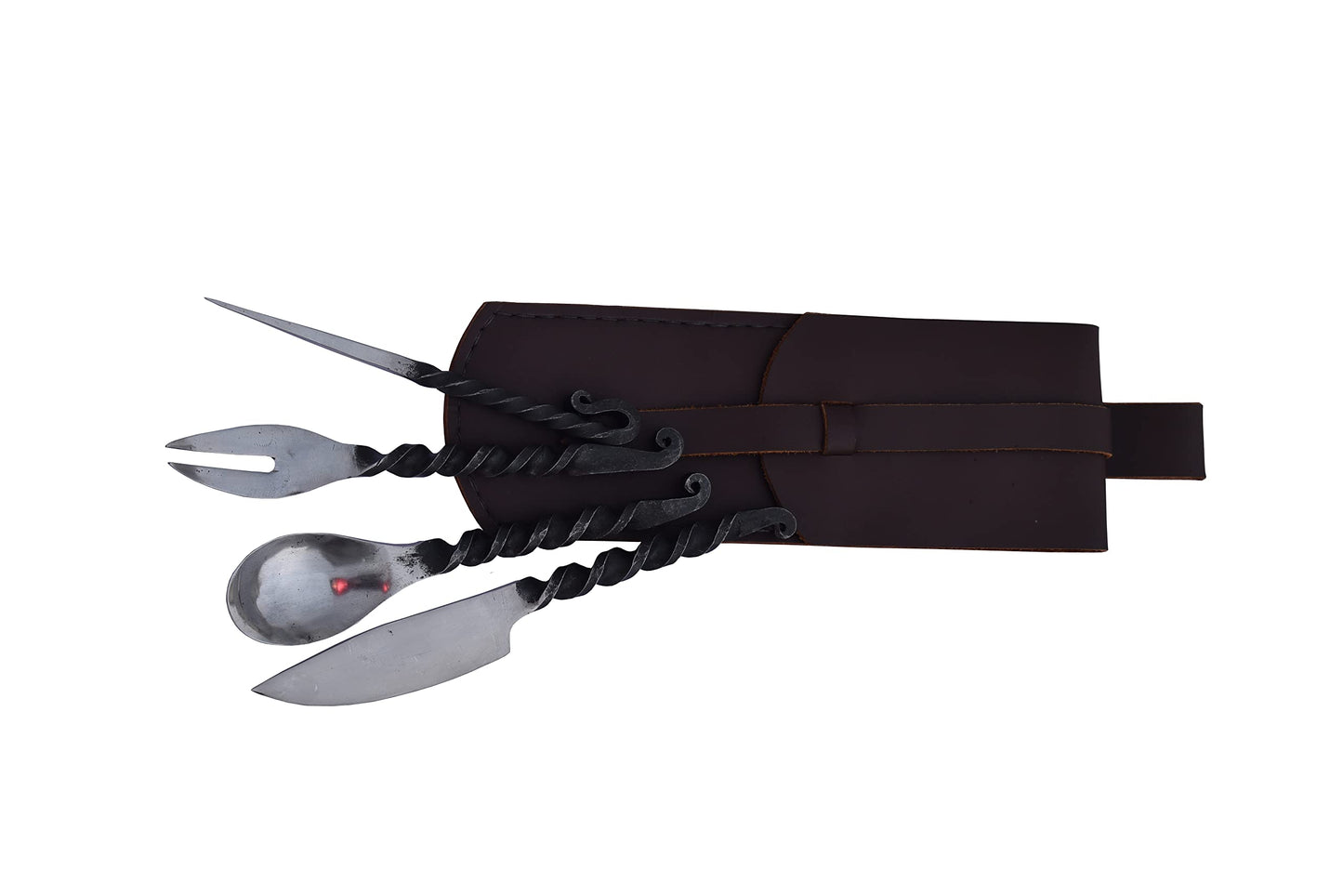 Viking Traders Hand Forged Twisted Medieval Eating Utensil Set | Functional Fork Knife Spoon And Food Stick | Medieval Eating Set, With Genuine Leather Carrying Pouch - Set 4