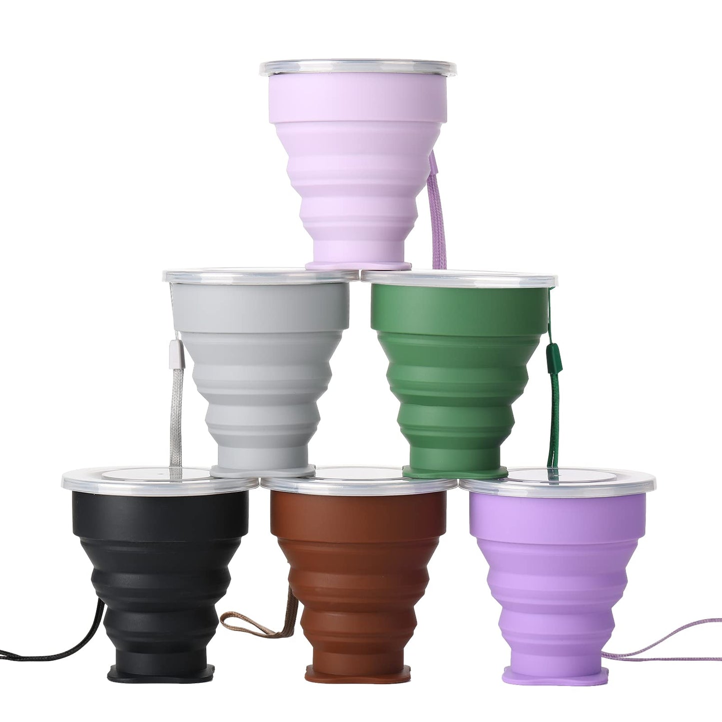 JIELUO Silicone Collapsible Travel Water Cup 200ml, 6Pack Collapsible Silicone Cup with Lid, Expandable Drinking Cup Set, Reusable Mug for Camping, Hiking, Travel