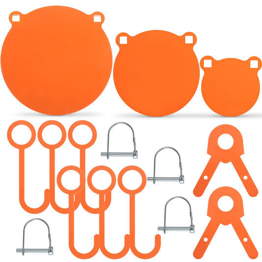 Syhood 3/8''-Gong AR500 Steel Targets Hanging Kit Include 3 Pcs 3.94"/5.91"/7.87" Metal Steel Shooting Targets 6 Pcs Hang Hooks 2 Pack Leg Brackets 4 Pack Wire Lock Pins(Orange)