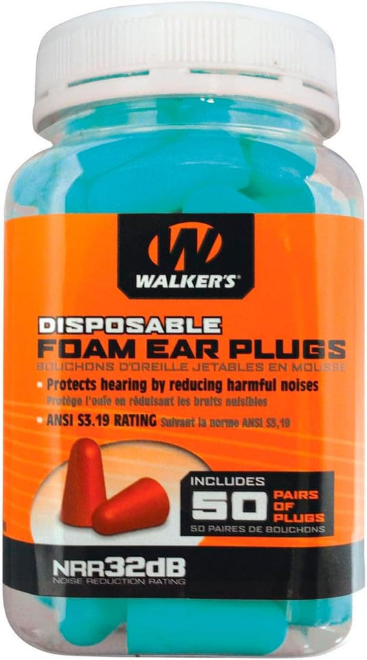 Walker's 32dB Noise-Canceling ANSI S3.19 Hearing Safety Protection Range Shooting Hunting Work Soft Comfortable Adaptable Foam Earplugs, Security Sealed Jar, 50 Pairs, Orange