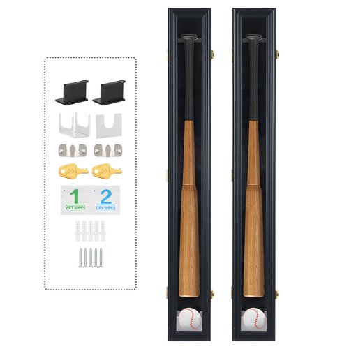 WGOS Baseball Bat Display Case, Baseball Bat Wall Mounted, Baseball Display Case, Wall Mounted Vertical or Horizontal Wood, with Two Bonus Baseball Cases (2-Pack)