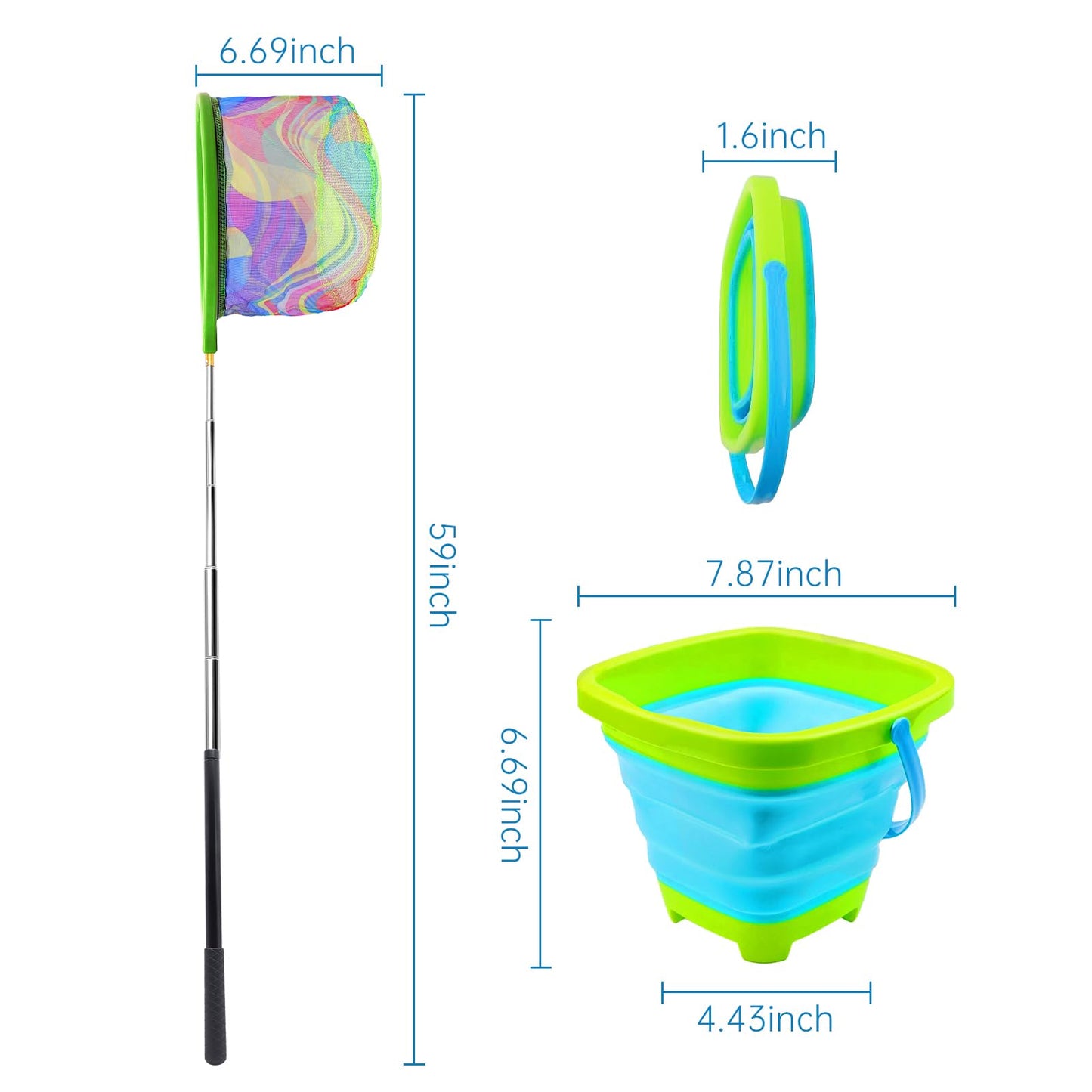 Autokcan 2PCS Fishing Net with Bucket, Telescopic Fishing Landing Net, Collapsible Kids Sand Bucket, Kids Fish Butterfly Catching for Freshwater Saltwater Outdoor Activities