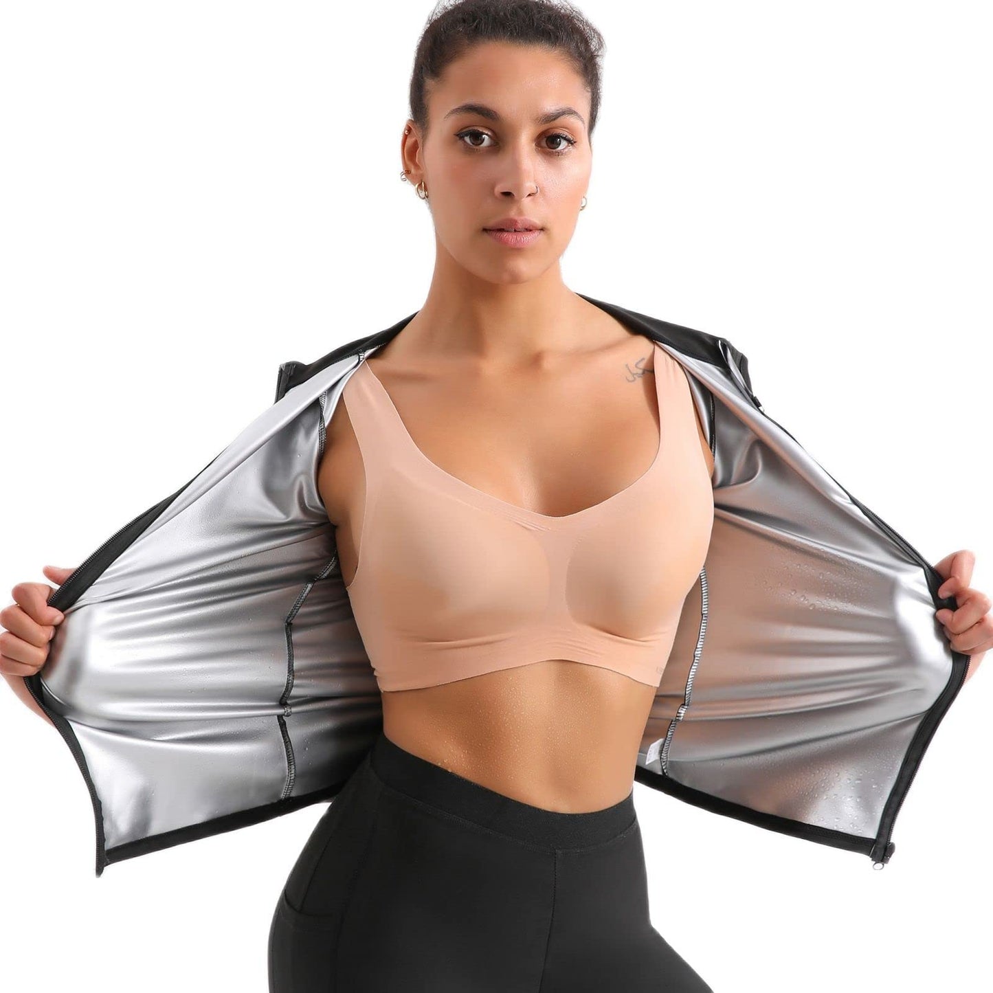 Sauna Suit Jacket for Women Weight Loss Sauna Shirt Waist Trainer Sweat Workout Top Fitness Body Shaper Zipper