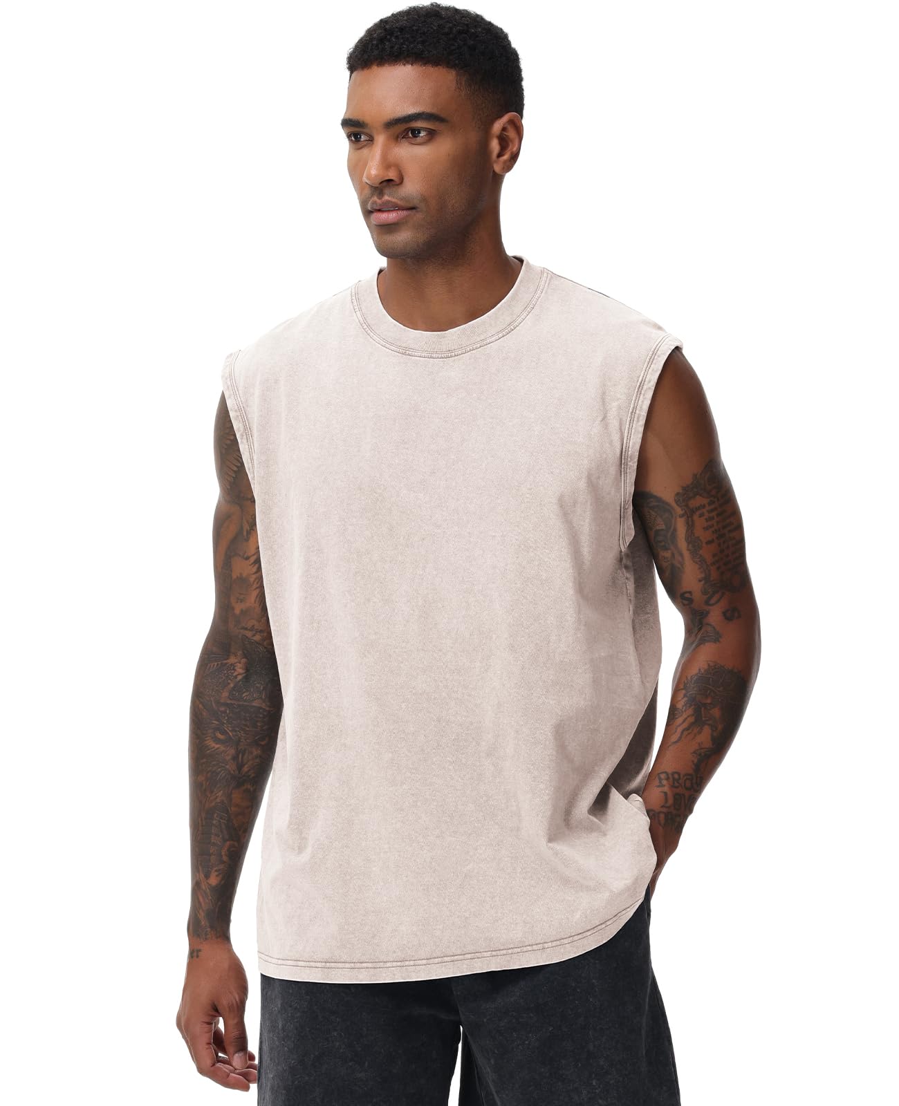 SnowElve 3 Pack Mens Workout Tank Tops Sleeveless Tee Shirts Men Muscle Shirt Gym Acid Wash T Shirts Running Beach Loose Fit Tee(ACGYBK,S)