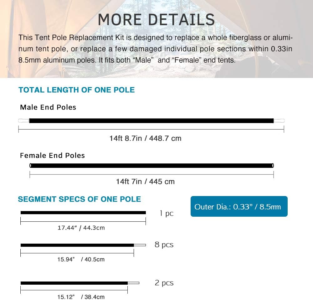 Aluminum Tent Poles Replacement, Fits Both Female and Male Ends, Lightweight Tent Pole Repair Kit, 7001 Aluminum Alloy T6 Heated
