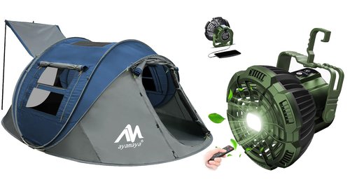 Tent Fan + Pop Up Tent, 4 Person Waterproof Tent & Rechargeable Camping Tent Fan with LED Light & Remote Control for Camping