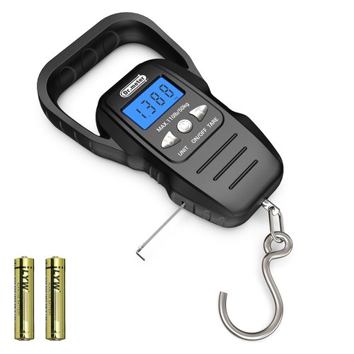 Dr.meter Fish Scale - Upgraded Backlit LCD Display Digital Scale with Built-in Measuring Tape - 110lb/50kg Luggage Scale Fishing Scale with 2 AAA Batteries, Large Handle - Fishing Gifts for Men,