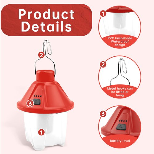 LED Camping Lantern Flashlight Rechargeable, Waterproof Survival Camping Lantern, Portable Tent Light with 5 Light Modes for Hurricane, Hiking, Power Outages (Red)