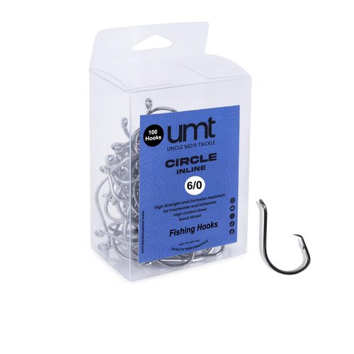 UMT 100 Pack Inline Fishing Circle Hooks Size 6/0 Black Nickel High Carbon Steel Superior Terminal Tackle Saltwater and Freshwater use