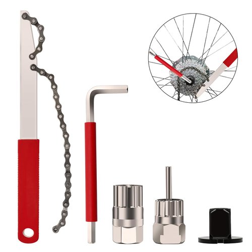 Bike Cassette Removal Tool, 5 Pcs Bike Chain Tool Kit with Chain Whip Auxiliary Wrench Bicycle Cassette Lock Ring Removal Freewheel Remover Wrench Sprocket Remover