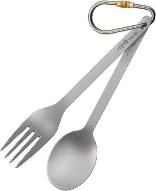 TiTo Titanium Camping Cutlery Set - Fork and Spoon With Carabiner Clip Ultralight Portable Titanium Flatware Safe Durable for Outdoor Hiking Backpacking