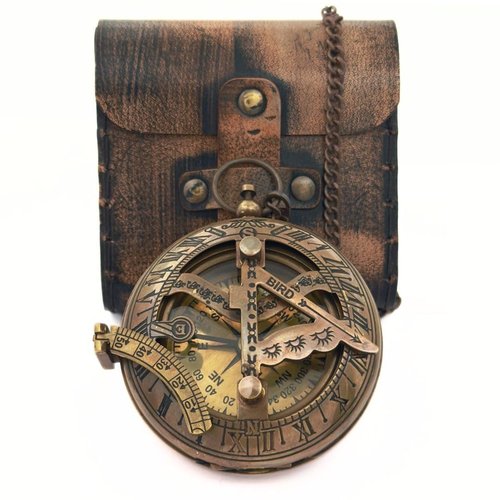 Brass Sundial Compass in Leather Case - Nautical Gifts for Men, Antique Sailing Anniversary Gadget for Him, Unusual Unique Nautical Decor, Naval Maritime Pocket Watch Clock (Brown Antique Compass)