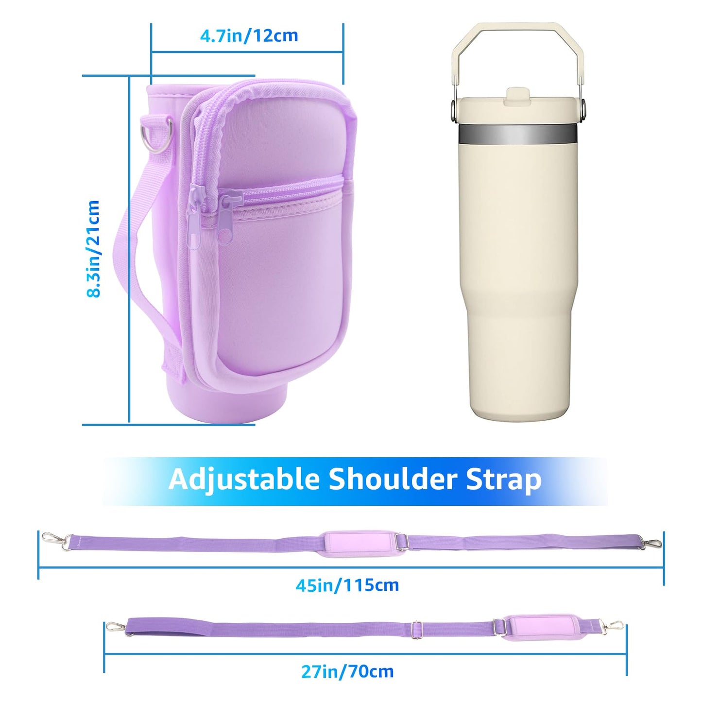 for Stanley Iceflow Flip Straw Tumbler 30 oz, Water Bottle Cup Holder Cover Carrier Sling Bag with Strap, Pouch Pocket for Phone / Accessories, add Handle for Stanley Flip Straw, Neoprene (Purple)