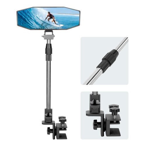 KEMIMOTO Boat Rear View Mirror with Telescoping Pole, 10.5“ x 4” 360° Adjustable Marine Mirror for Pontoon, Ski Boats Water Skiing