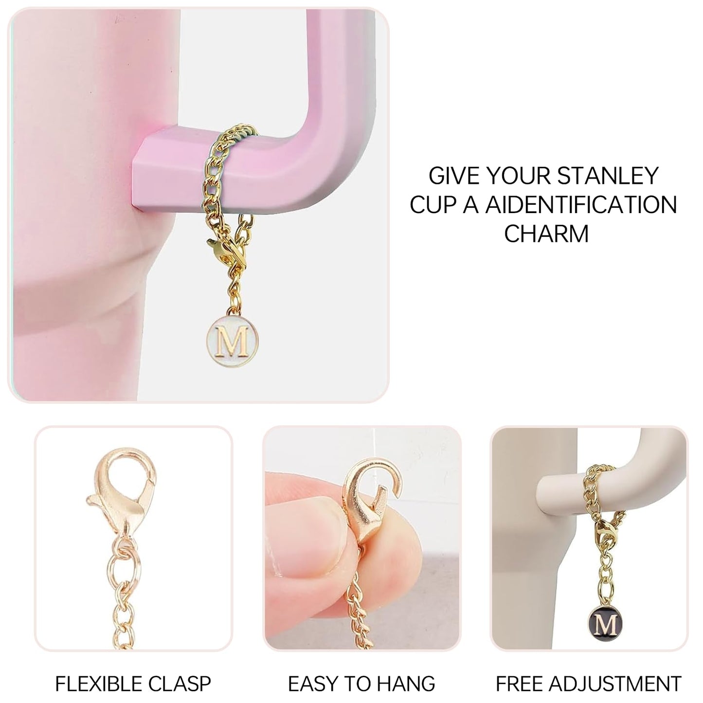 6PCS Stanley Cup Letter Charm Accessories, Silicone Straw Cover Cap Toppers, Adhesive Chenille Letters Patch Sticker, Initial Letter Hydro Charms for Stanley 30 40 Oz Tumblers Handle Decor M