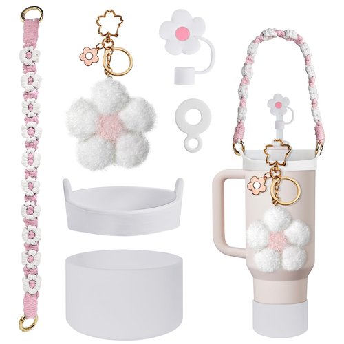 VirgoCCY Stanley Cup Accessories Set - Silicone Boot, Straw Cover, Bottle Strap, Charms for 40 & 30oz Tumbler, White