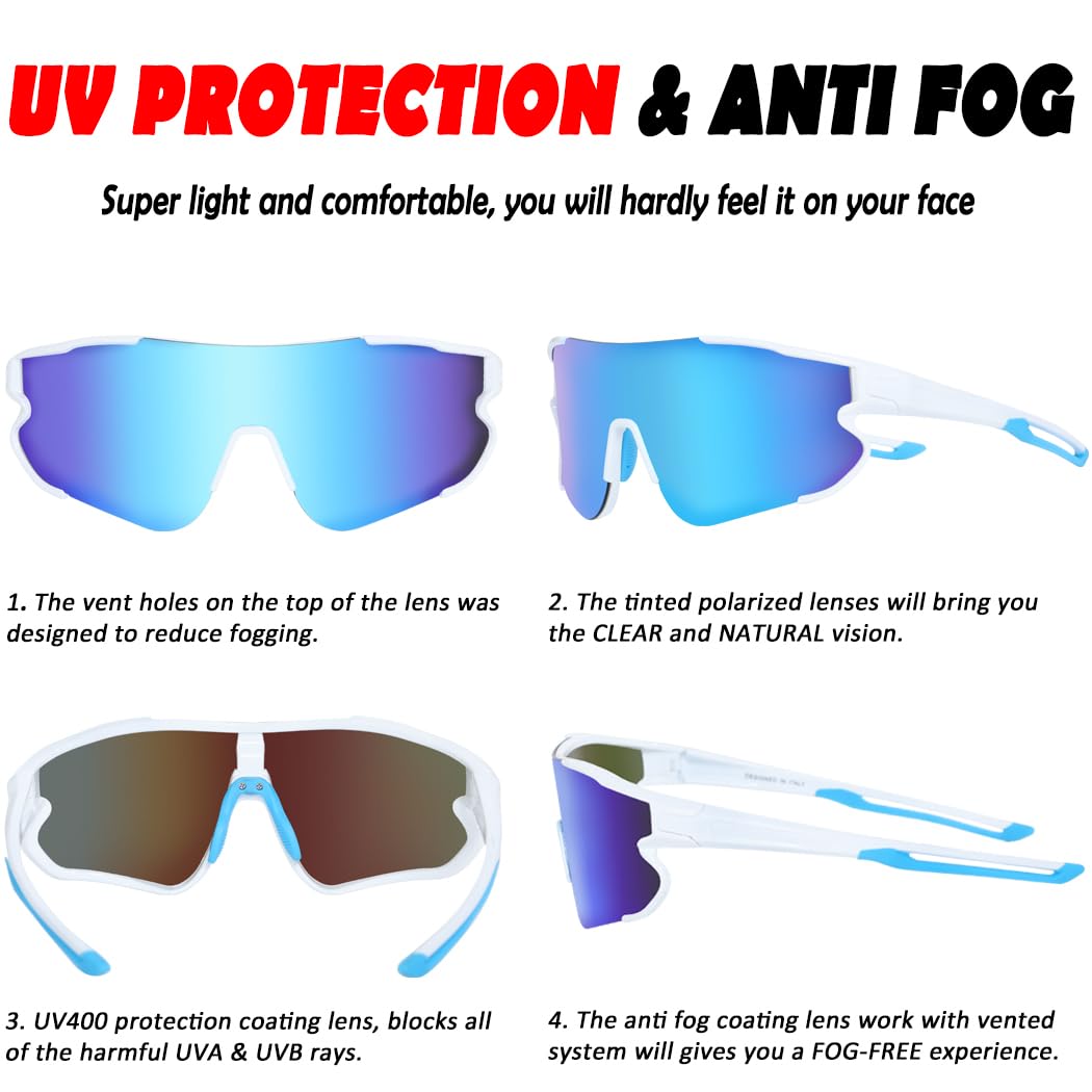 ITSCOOL Polarized Sports Sunglasses for Men Women Lightweight Softball Baseball Running Cycling Glasses UV Protection White Blue