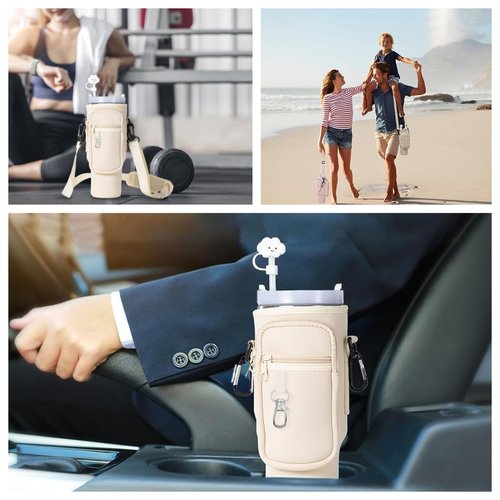 Water Bottle Carrier Bag with Phone Pocketfor Stanley 40/30 oz, Water Bottle Holder with Adjustable Shoulder Strap and Charm(White)