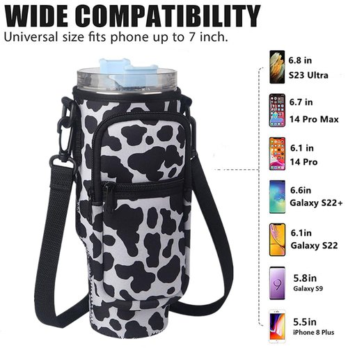 Water Bottle Bag with Phone Pocket for Stanley Tumbler 40Oz, Water Bottle Holder Carrier Pouch with Adjustable Shoulder Strap for Walking Biking Travelling Camping Gym (Cow Pattern)