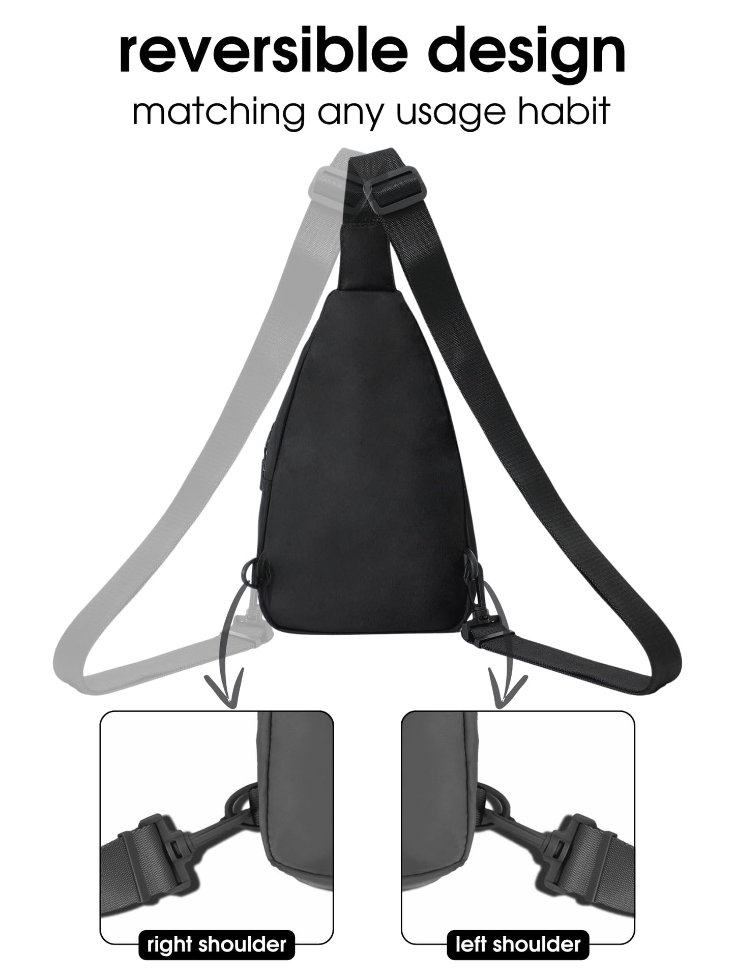 FORZAROCKET Sling Bag Double Compartment w/Long Strap 66" - Crossbody Bag w/Extended Strap - Women Men Fanny Pack - Two-Way Durable Zipper - Compact Sling Backpack - Plus Size Friendly, Black Quilted