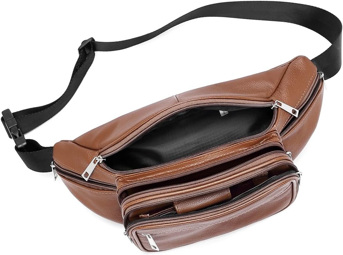 Genuine Leather Large 7 Pocket Waist Pack with Organizer, Card Slots (Black)
