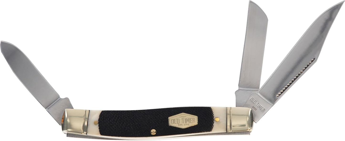 Old Timer 8OTB Genuine Bone Senior Traditional Folding Pocket Knife with High Carbon Stainless Steel, 3 Mirror-Polished Blades, and Sawcut Bone Handle for EDC, Whittling, Camping, Hunting, and Outdoor