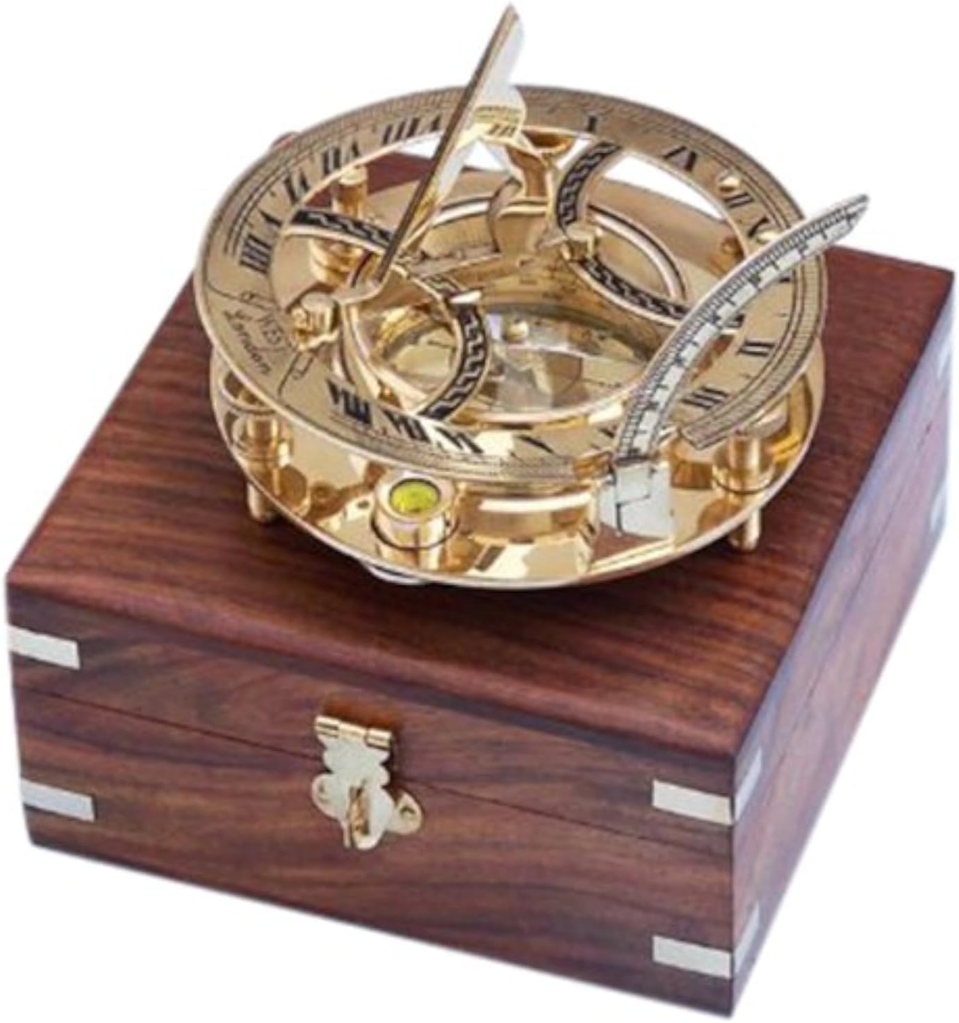 Hampton Nautical Antique Brass Round Sundial Compass with Rosewood Box, 6"