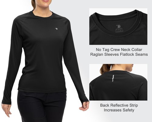 TBMPOY Women's UPF 50+ Shirts Long Sleeve Sun Protection Quick Dry Lightweight Rash Guard Hiking Black M