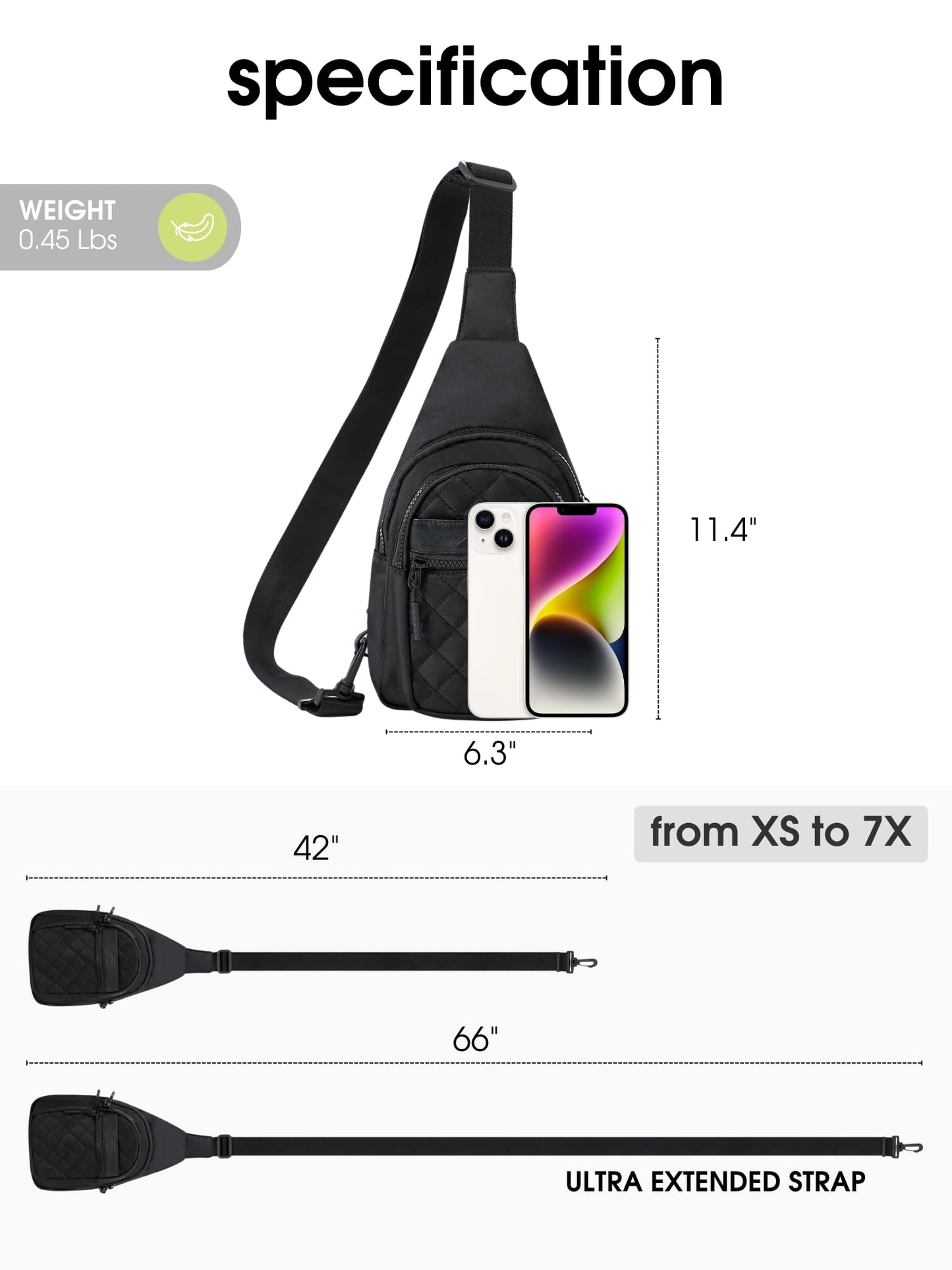 FORZAROCKET Sling Bag Double Compartment w/Long Strap 66" - Crossbody Bag w/Extended Strap - Women Men Fanny Pack - Two-Way Durable Zipper - Compact Sling Backpack - Plus Size Friendly, Black Quilted