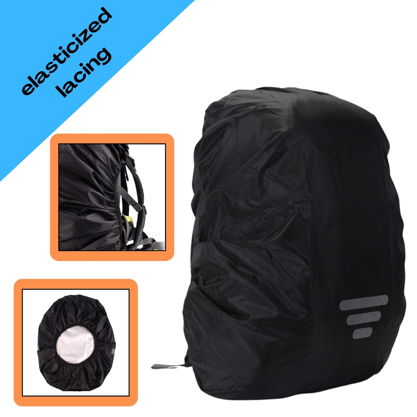 GlneYos Backpack rain Cover Waterproof with Reflective 2 Pack Dirt Repellent Thicken Rucksack Cover for Hiking Cycling Traveling Camping (Black Three-bar, M(25-40L))