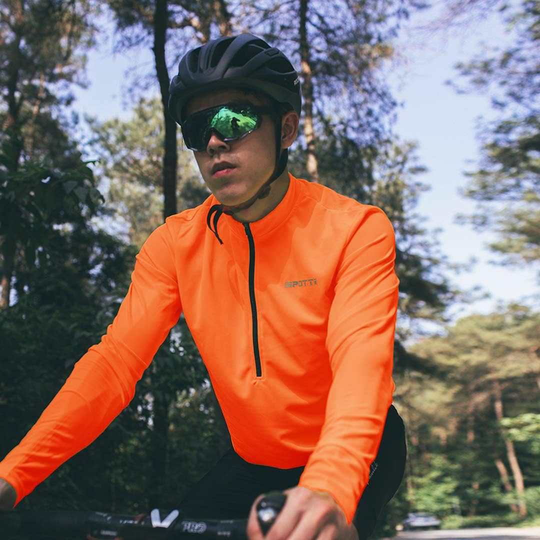 Spotti Men's Cycling Bike Jersey Long Sleeve with 3 Rear Pockets - Moisture Wicking, Breathable, Quick Dry Biking Shirt