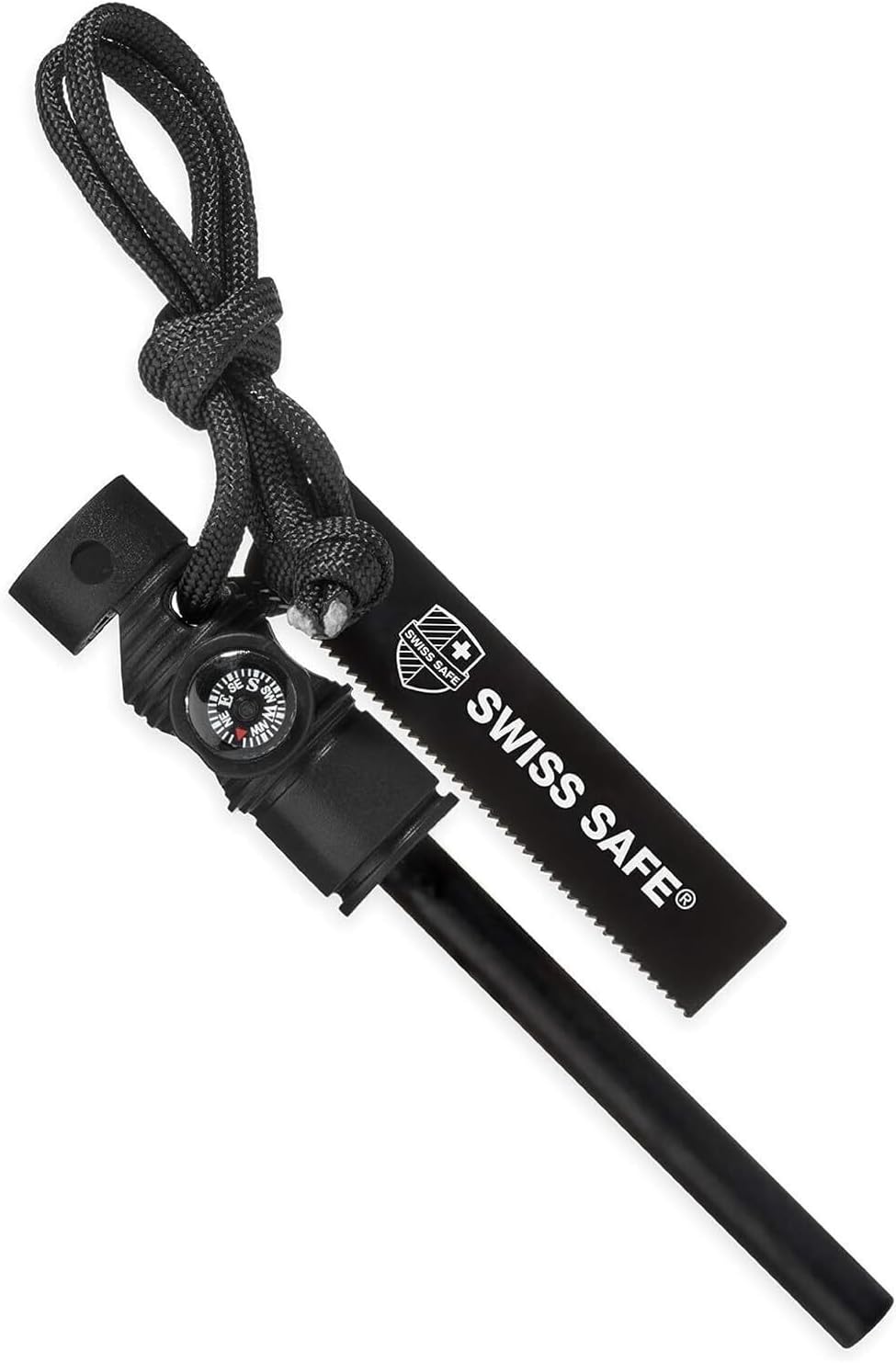 Swiss Safe 5-in-1 Magnesium Ferro Rod Fire Starter Survival Tool - Flint & Steel Striker, Compass, Paracord & Whistle - Emergency Kit for Backpacking, Camping, Hiking - All-Weather