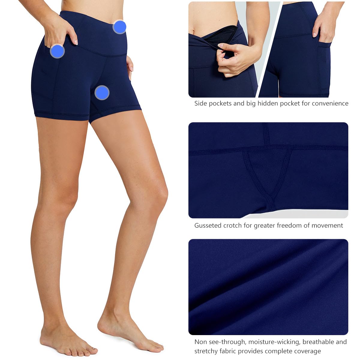 baleaf Biker Shorts Women Yoga Gym Workout Spandex Running Volleyball Tummy Control Compression with Pockets 5" 2-Pack Black/Navy Blue XS