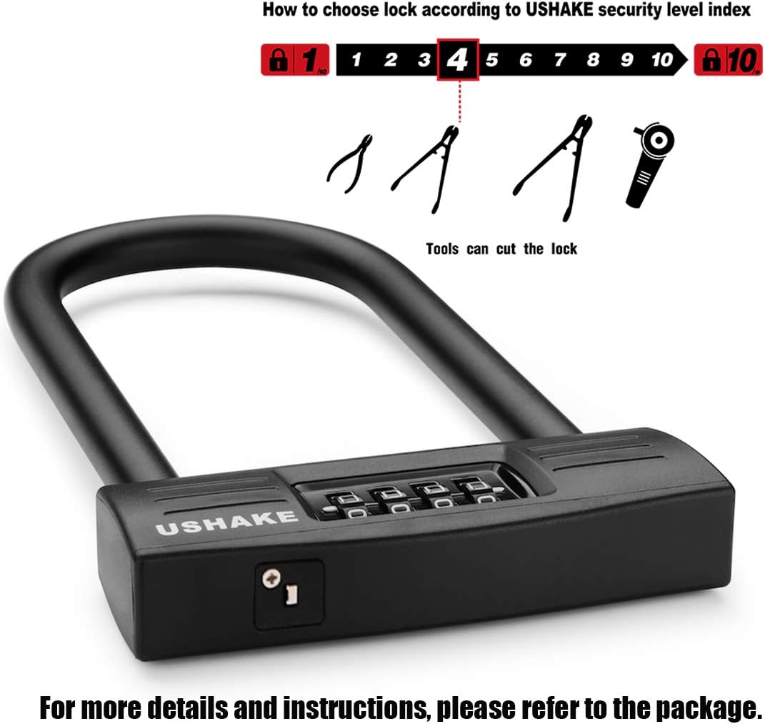 USHAKE Bike Combination U Lock, Heavy Duty Bike Combination U Lock Paddle Lock for Bicycle Electric Scooter Motorcycles Metal Fence Gate Anti Theft