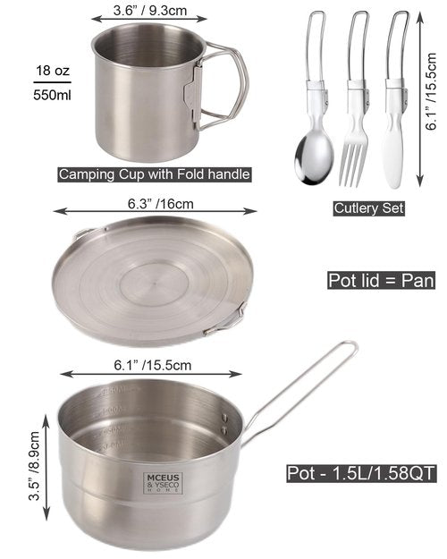 Compact Camping Pot Backpack Mess kit, 18/8 Stainless Steel Camping Pot and Pan Cooking Set, Lightweight Camping Cup, with Folding Camping Silverware Set for Outdoor Camping Hiking Picnic