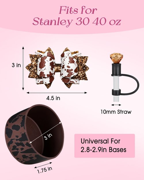 Toykee Cup Boot with Straw Cover for Stanley 40 30 oz - Cute Cow Print Bow Straw Topper and Brown Diamond Caps with Bottom Protector 3 PCS Sets for Tumbler Accessories