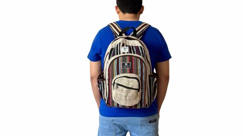 Zillion Craft large backpack for men and women. Strong and durable made from natural hemp and gheri. Multi pocket multi color hand made bag