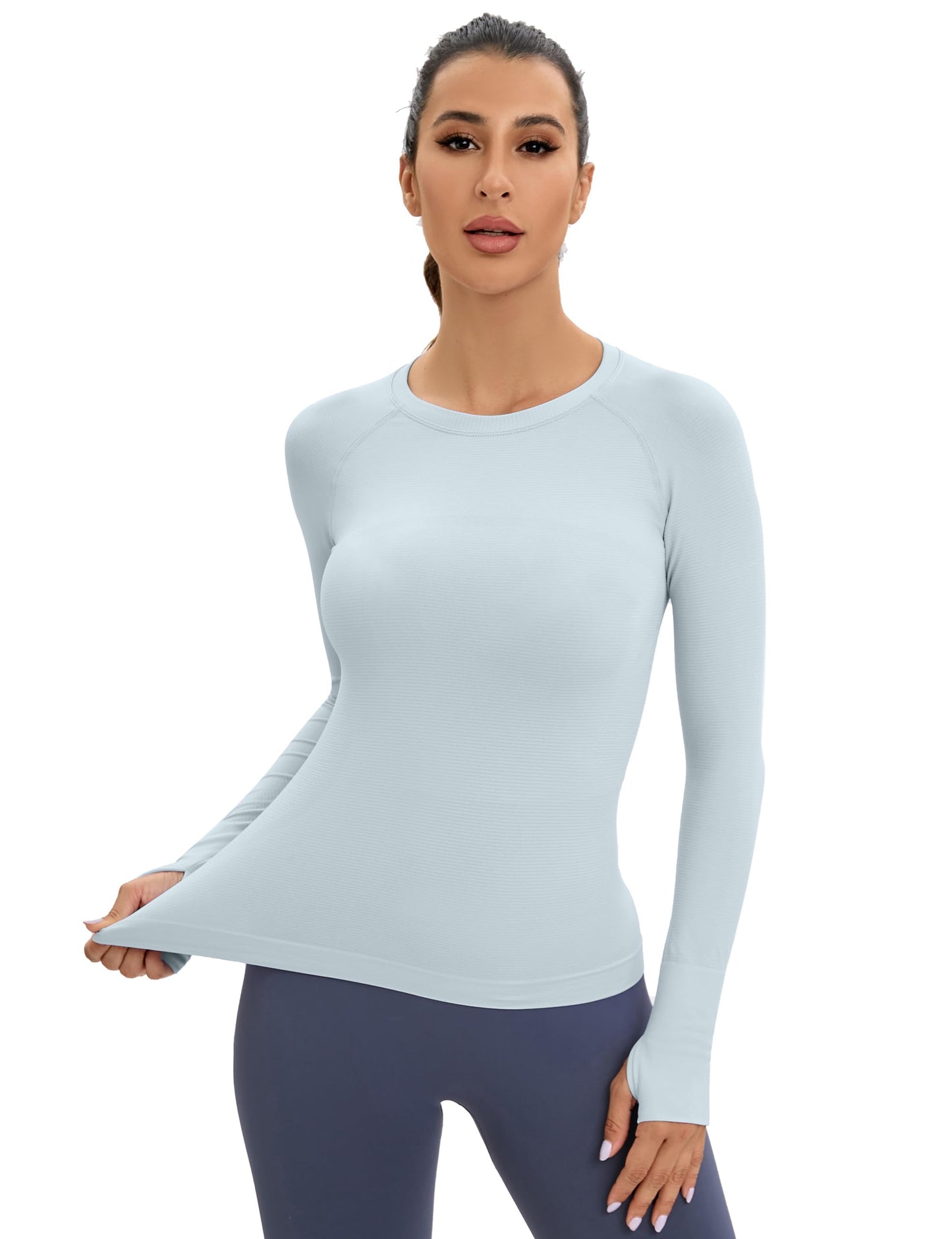 MathCat Workout Shirts for Women Long-Sleeved Athletic Shirt Running Breathable Seamless Yoga Tops Light Blue